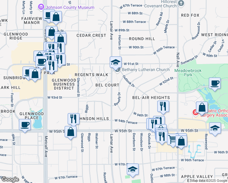 map of restaurants, bars, coffee shops, grocery stores, and more near 9220 Beverly Drive in Overland Park