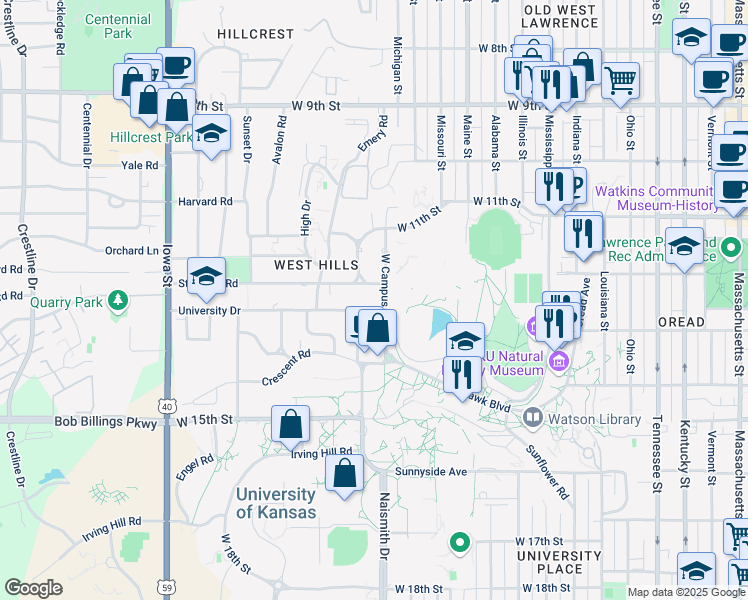map of restaurants, bars, coffee shops, grocery stores, and more near 1245 West Campus Road in Lawrence