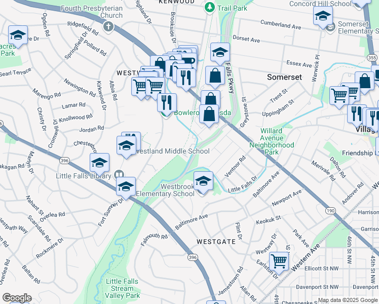 map of restaurants, bars, coffee shops, grocery stores, and more near 5128 Willet Bridge Road in Bethesda
