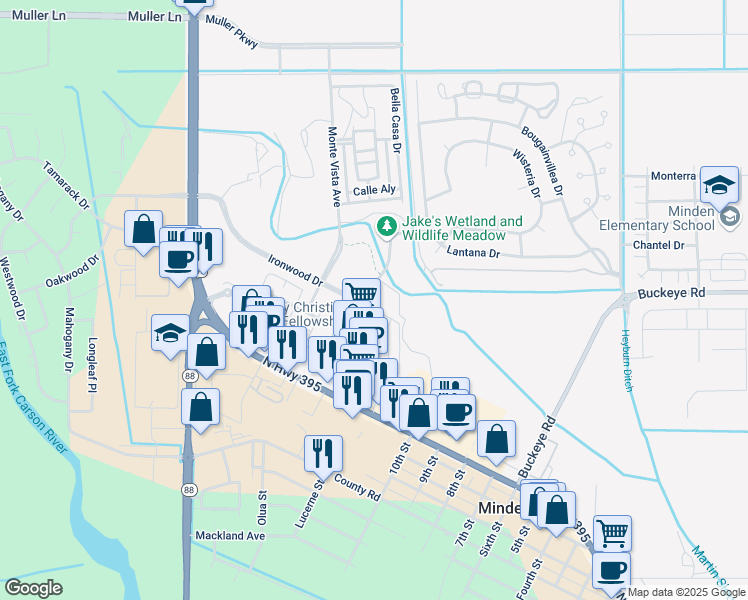 map of restaurants, bars, coffee shops, grocery stores, and more near 990 Ironwood Drive in Minden