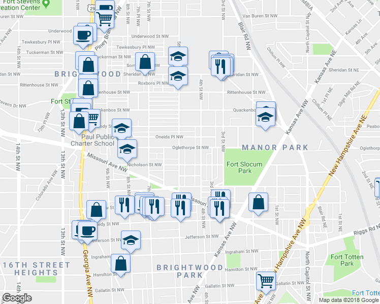 map of restaurants, bars, coffee shops, grocery stores, and more near 420 Oglethorpe St NW in Washington