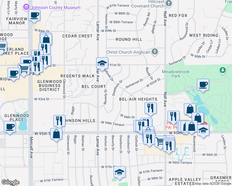 map of restaurants, bars, coffee shops, grocery stores, and more near 9219 Dearborn Street in Overland Park