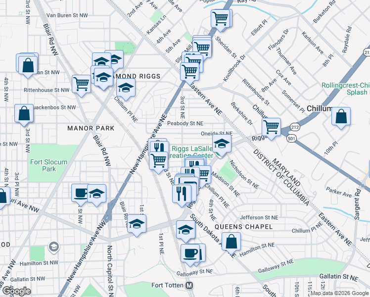 map of restaurants, bars, coffee shops, grocery stores, and more near 5819 3rd Street Northeast in Washington