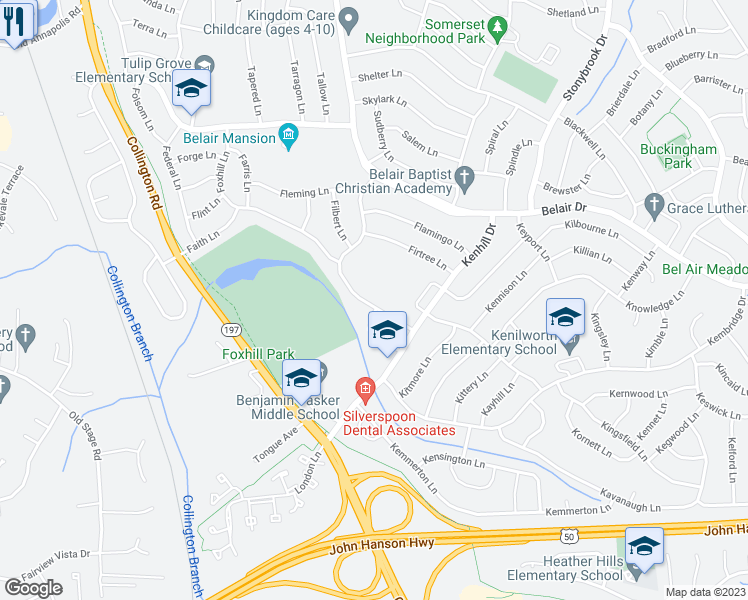 map of restaurants, bars, coffee shops, grocery stores, and more near 2615 Felter Lane in Bowie