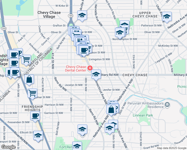 map of restaurants, bars, coffee shops, grocery stores, and more near Connecticut Ave NW & Military Rd NW in Washington