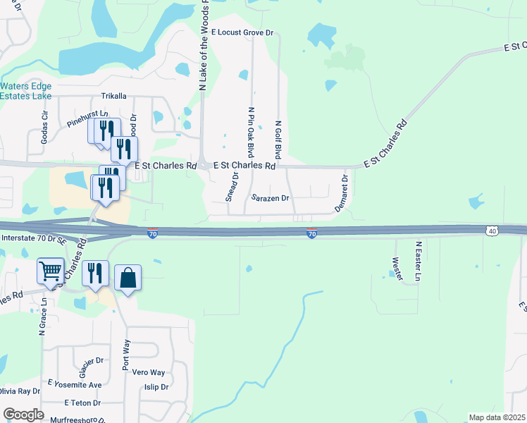 map of restaurants, bars, coffee shops, grocery stores, and more near 745 Demaret Drive in Columbia