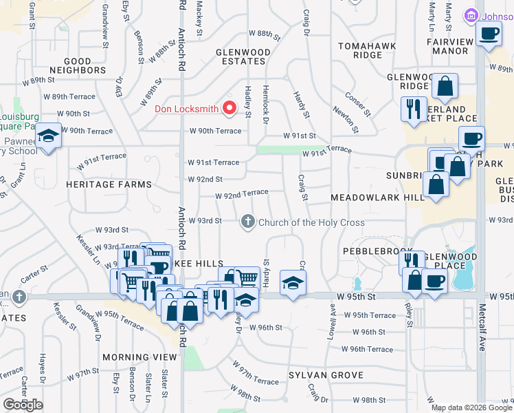 map of restaurants, bars, coffee shops, grocery stores, and more near 9243 Hemlock Drive in Overland Park