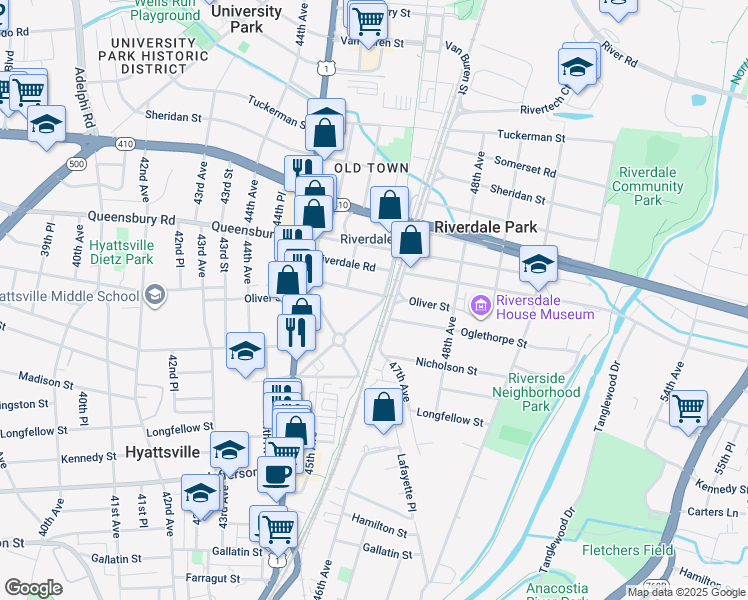 map of restaurants, bars, coffee shops, grocery stores, and more near 4611 Oliver Street in Riverdale Park