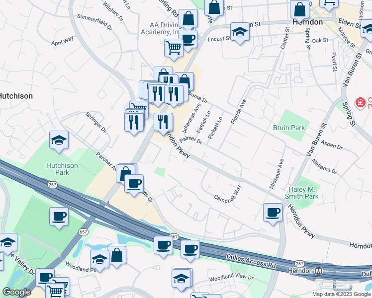 map of restaurants, bars, coffee shops, grocery stores, and more near 405 Spruce Court in Herndon