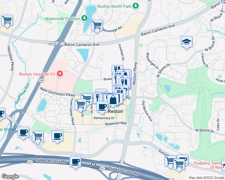 map of restaurants, bars, coffee shops, grocery stores, and more near 1830 Fountain Drive in Reston