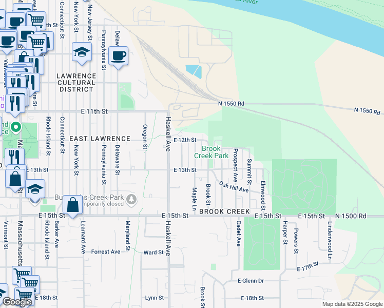 map of restaurants, bars, coffee shops, grocery stores, and more near 1223 Laura Avenue in Lawrence