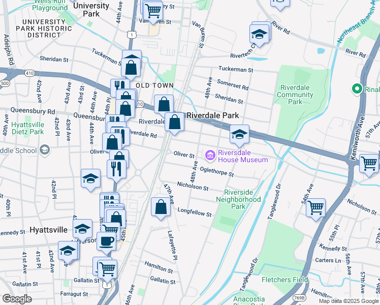map of restaurants, bars, coffee shops, grocery stores, and more near 4714 Oliver Street in Riverdale Park