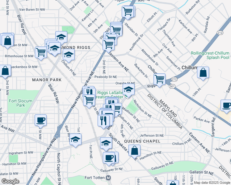 map of restaurants, bars, coffee shops, grocery stores, and more near 347 Oglethorpe Street Northeast in Washington
