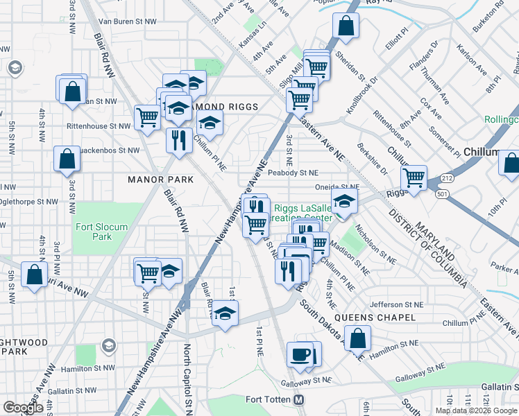 map of restaurants, bars, coffee shops, grocery stores, and more near 101 Independence Avenue Southeast in Washington