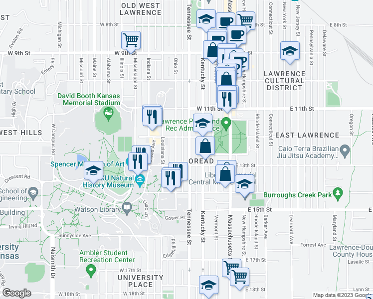 map of restaurants, bars, coffee shops, grocery stores, and more near 1221 Tennessee Street in Lawrence