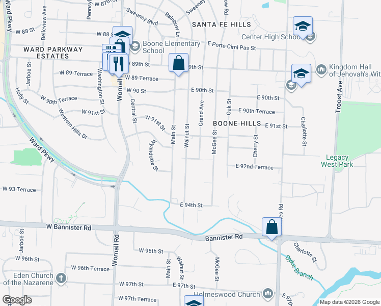 map of restaurants, bars, coffee shops, grocery stores, and more near 9217 Walnut Street in Kansas City