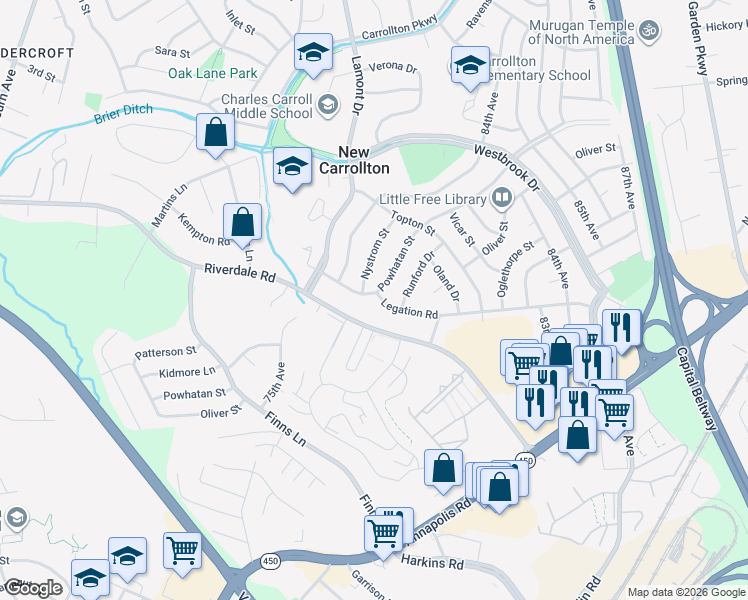 map of restaurants, bars, coffee shops, grocery stores, and more near 7901 Legation Road in New Carrollton
