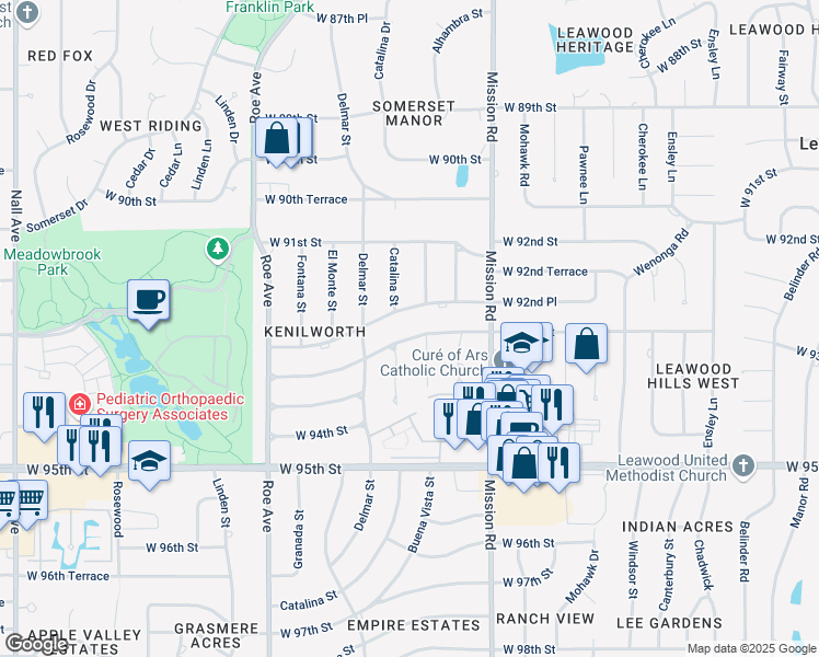 map of restaurants, bars, coffee shops, grocery stores, and more near 4104 West 93rd Street in Prairie Village