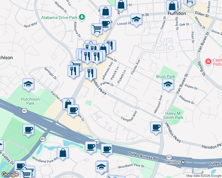 map of restaurants, bars, coffee shops, grocery stores, and more near 412 Spruce Court in Herndon