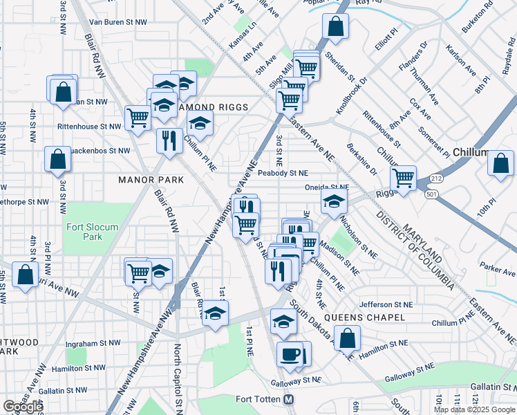 map of restaurants, bars, coffee shops, grocery stores, and more near 225 Oglethorpe Street Northwest in Washington