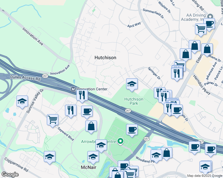 map of restaurants, bars, coffee shops, grocery stores, and more near 13331 Schwenger Place in Herndon