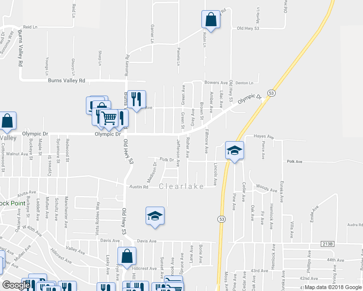 map of restaurants, bars, coffee shops, grocery stores, and more near 3542 Jefferson Avenue in Clearlake