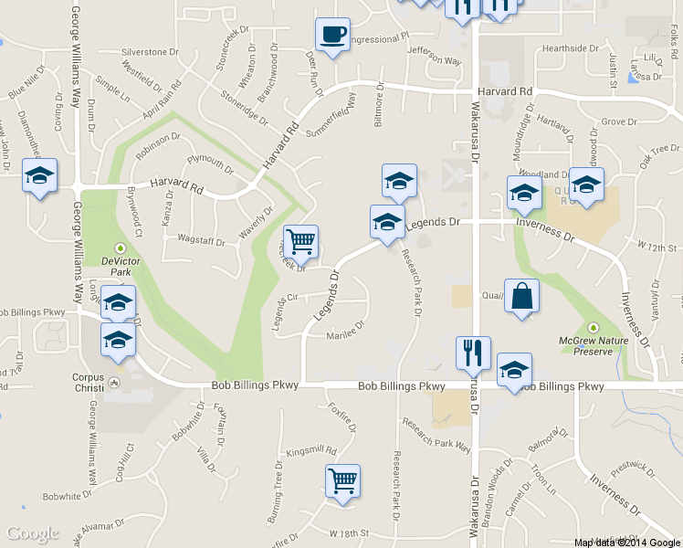 map of restaurants, bars, coffee shops, grocery stores, and more near 1405 Marilee Dr in Lawrence