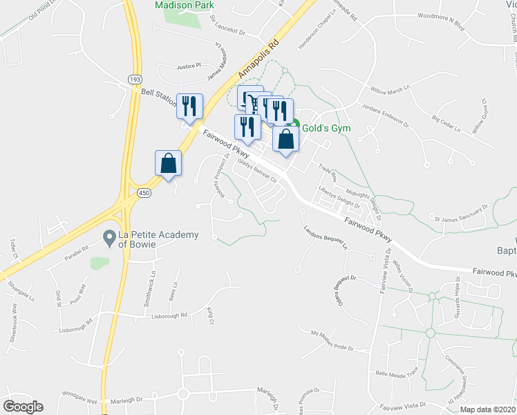 map of restaurants, bars, coffee shops, grocery stores, and more near 12746 Gladys Retreat Circle in Bowie