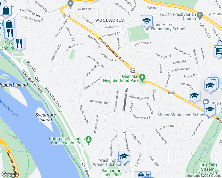 map of restaurants, bars, coffee shops, grocery stores, and more near 5309 Wehawken Road in Bethesda