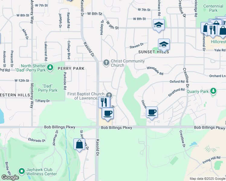 map of restaurants, bars, coffee shops, grocery stores, and more near 1317 Jana Dr in Lawrence
