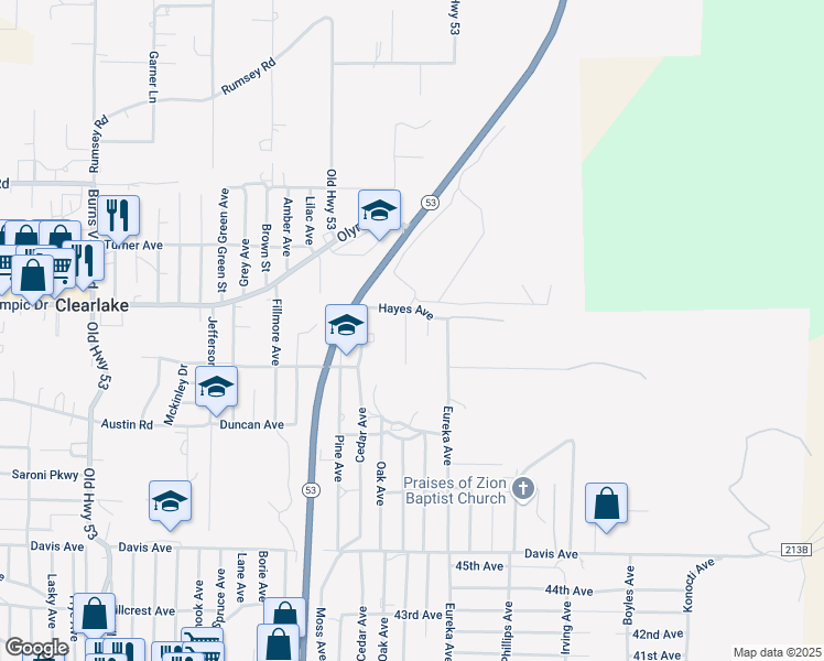 map of restaurants, bars, coffee shops, grocery stores, and more near 3542 Pierce Avenue in Clearlake