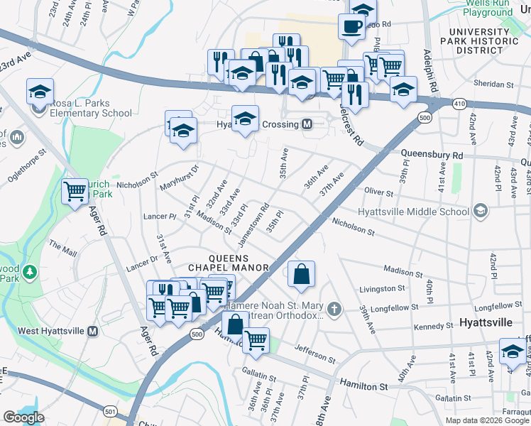 map of restaurants, bars, coffee shops, grocery stores, and more near 5825 Jamestown Road in Hyattsville