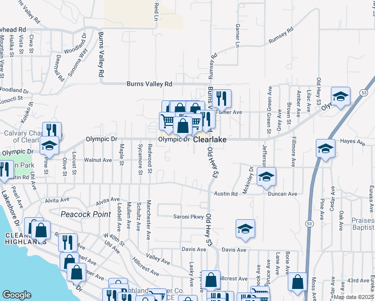 map of restaurants, bars, coffee shops, grocery stores, and more near 14895 Olympic Drive in Clearlake