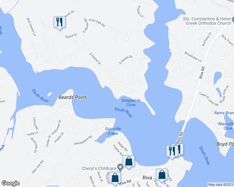 map of restaurants, bars, coffee shops, grocery stores, and more near 2917 South Court in Annapolis