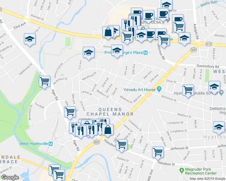 map of restaurants, bars, coffee shops, grocery stores, and more near 5820 33rd Place in Hyattsville