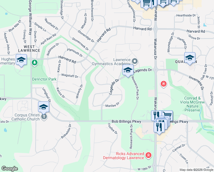 map of restaurants, bars, coffee shops, grocery stores, and more near 1369 Stone Creek Drive in Lawrence
