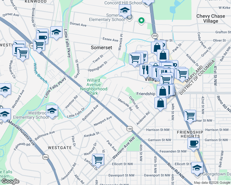 map of restaurants, bars, coffee shops, grocery stores, and more near 5305 Saratoga Avenue in Chevy Chase