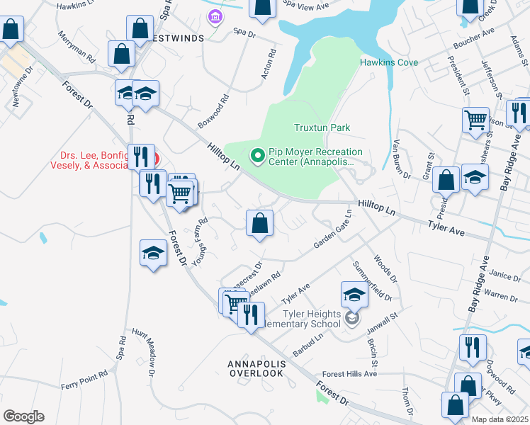 map of restaurants, bars, coffee shops, grocery stores, and more near 1217 Hesselius Court in Annapolis