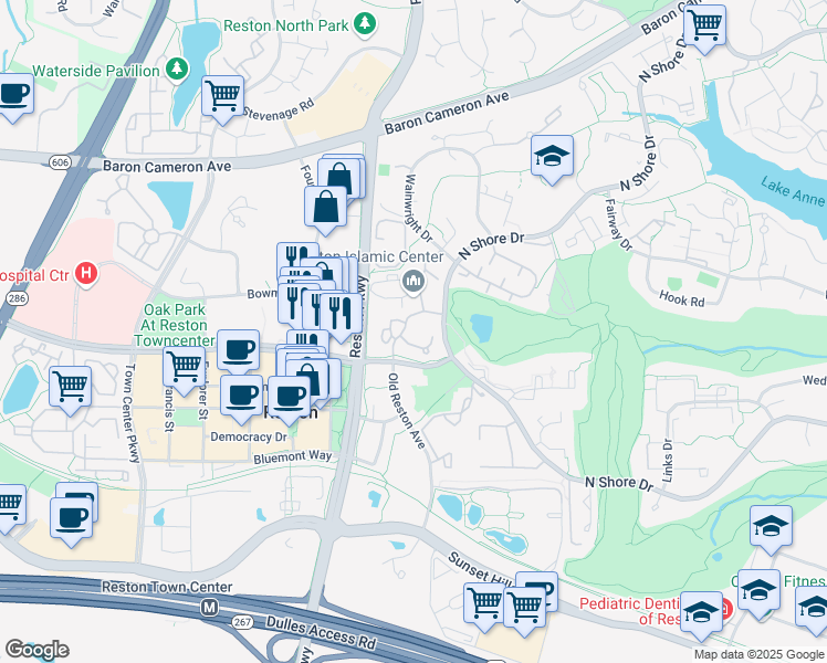 map of restaurants, bars, coffee shops, grocery stores, and more near 11708 Olde English Drive in Reston