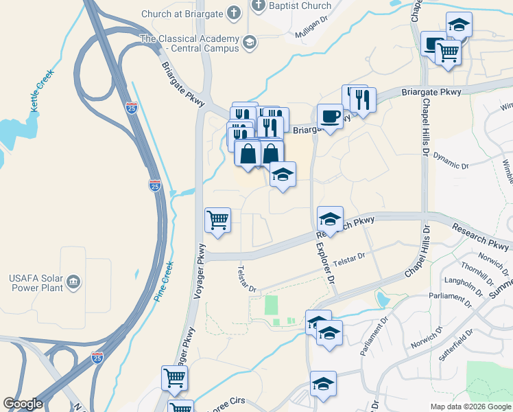 map of restaurants, bars, coffee shops, grocery stores, and more near 1714 Telstar Drive in Colorado Springs