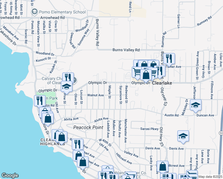 map of restaurants, bars, coffee shops, grocery stores, and more near 3548 Maple Street in Clearlake