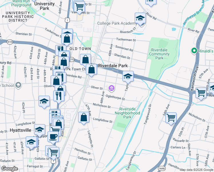 map of restaurants, bars, coffee shops, grocery stores, and more near 6005 48th Avenue in Riverdale Park