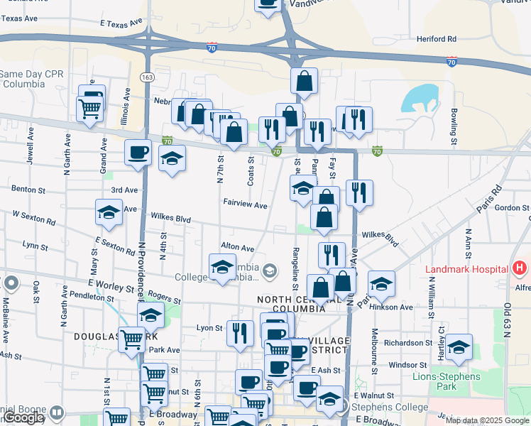 map of restaurants, bars, coffee shops, grocery stores, and more near 913 North 8th Street in Columbia