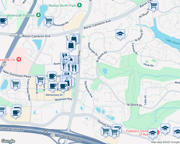 map of restaurants, bars, coffee shops, grocery stores, and more near 11710 Olde English Drive in Reston
