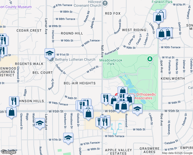 map of restaurants, bars, coffee shops, grocery stores, and more near 5512 West 92nd Terrace in Overland Park