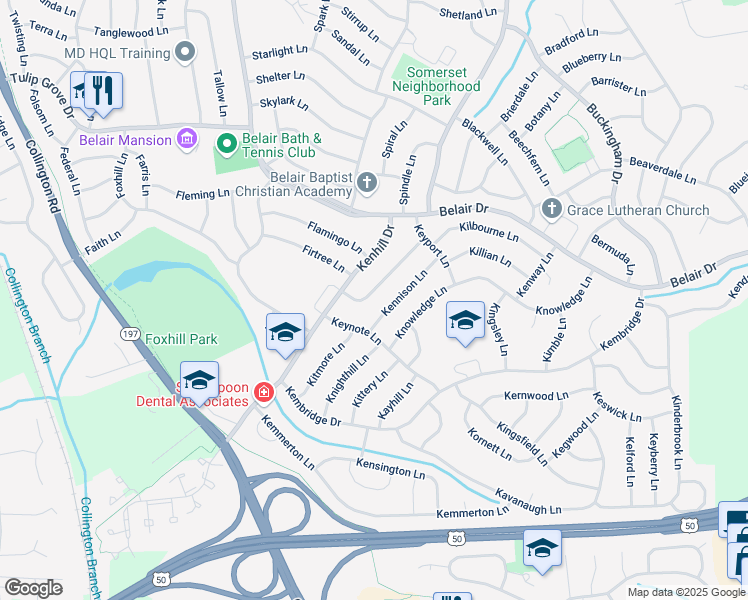 map of restaurants, bars, coffee shops, grocery stores, and more near 2711 Keystone Lane in Bowie