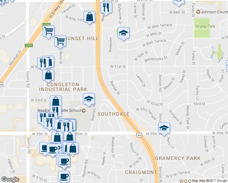 map of restaurants, bars, coffee shops, grocery stores, and more near 9218 Reeder Drive in Overland Park