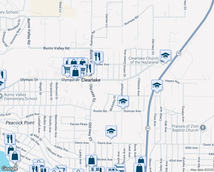 map of restaurants, bars, coffee shops, grocery stores, and more near 15097 Olympic Drive in Clearlake