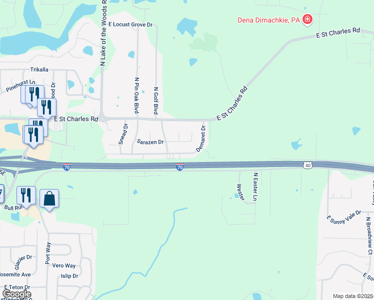 map of restaurants, bars, coffee shops, grocery stores, and more near 725 Demaret Drive in Columbia