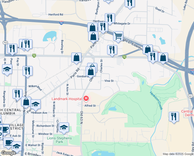 map of restaurants, bars, coffee shops, grocery stores, and more near 900 Old Highway 63 S in Columbia